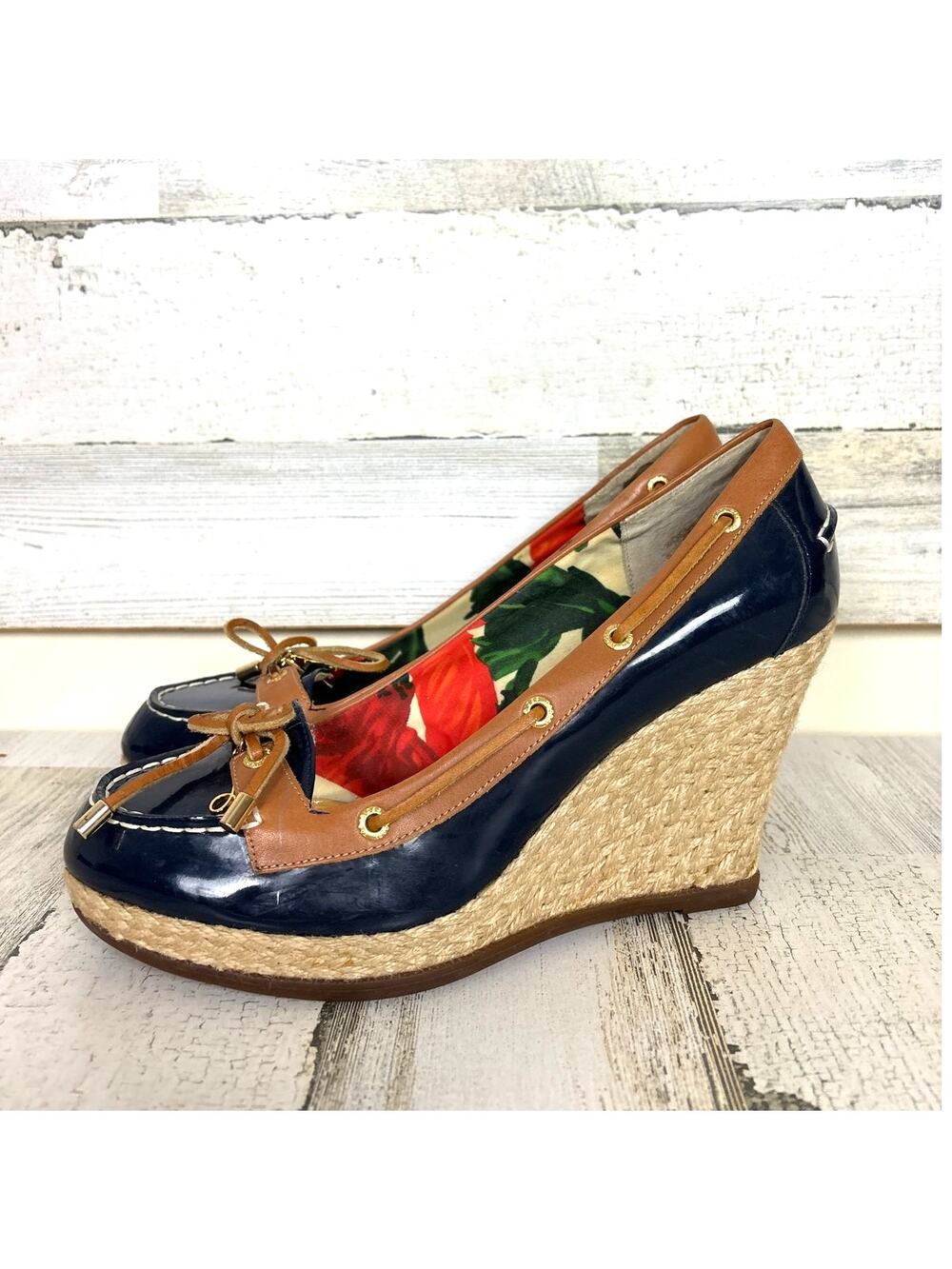 Milly's Womens 9.5 Blue Leather Duck Espadrille Wedge Slip-On Sandals Shoe